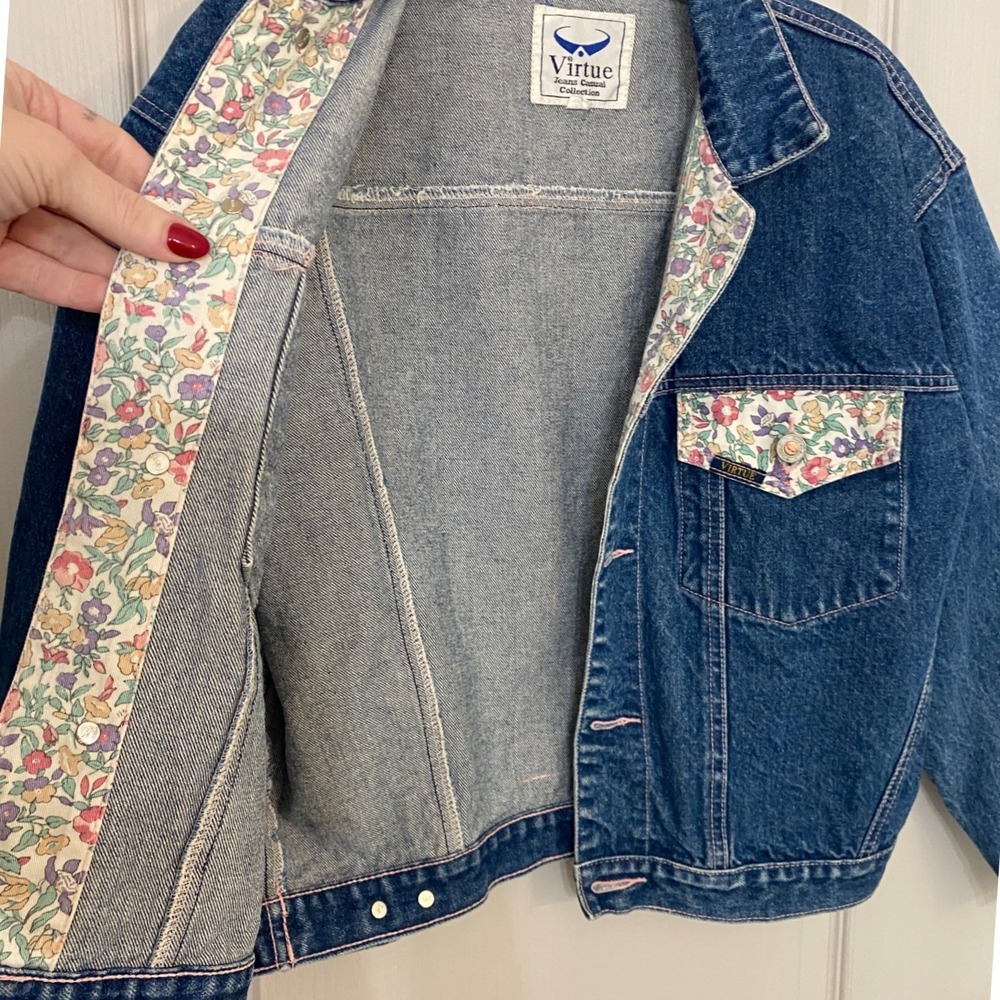 Virtue Jeans Casual Collection Denim Jacket Floral Print Pockets Lined 80s 90s M - Picture 7 of 9